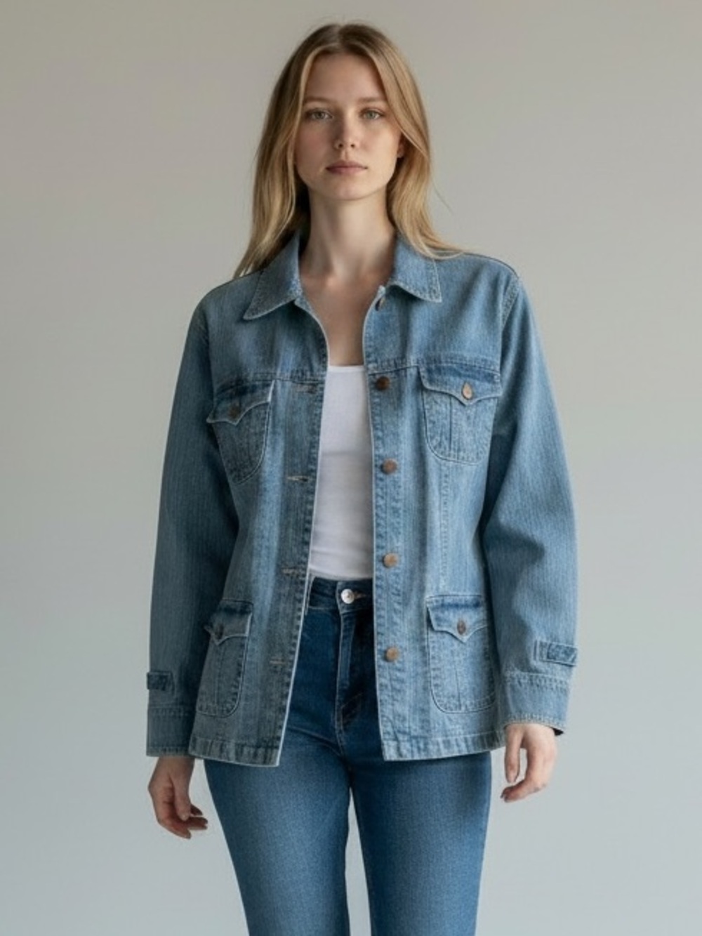 BILL BLASS Jeans Classic Light Blue Denim Jacket Casual Utility Coat Vintage S